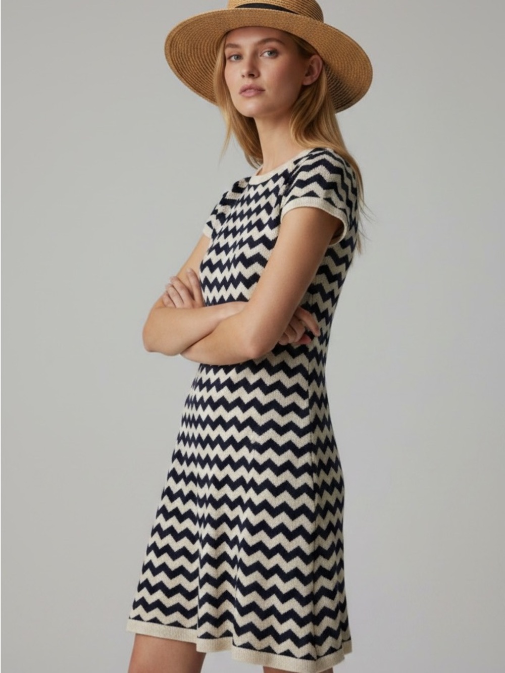 Lilly Pulitzer Navy and Cream Chevron Knit Mini Dress With Hat!